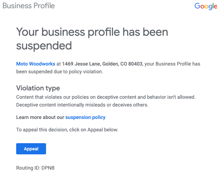 Google Business suspension email