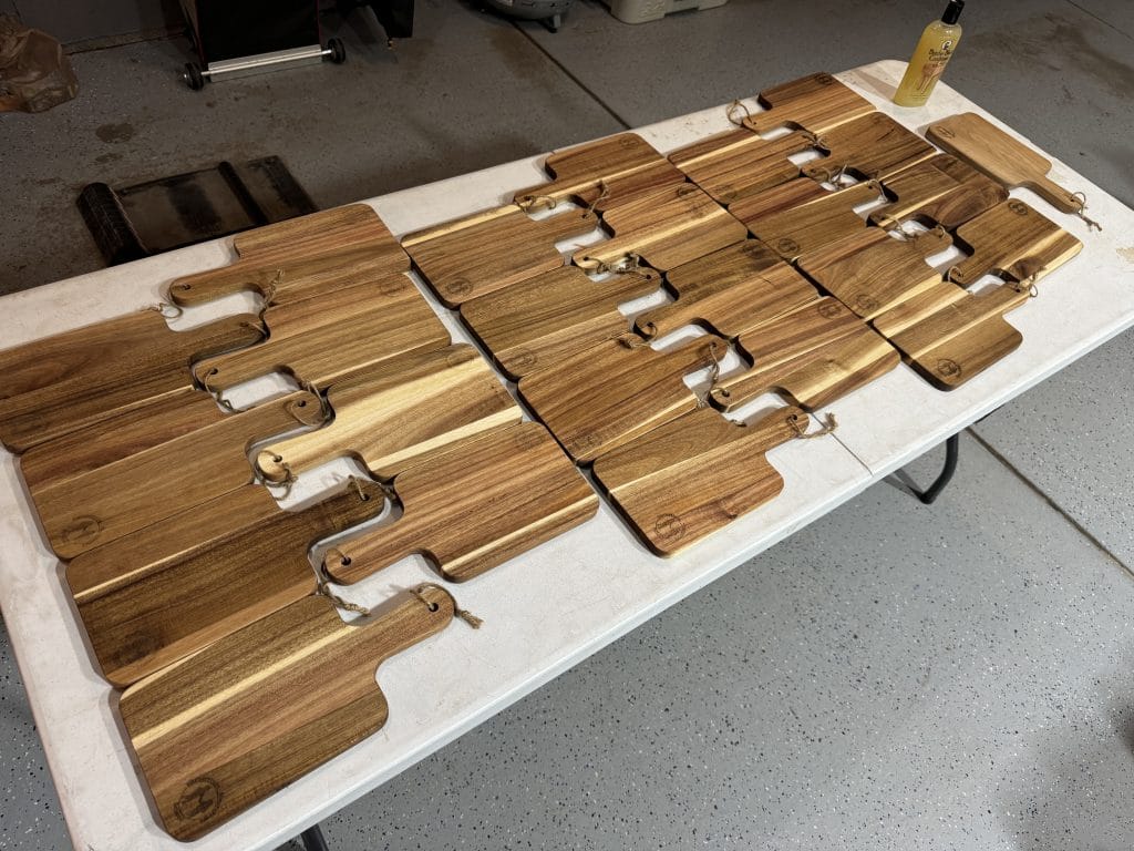 These charcuterie boards are treated with butcher block oil.