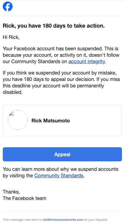 Facebook account suspended