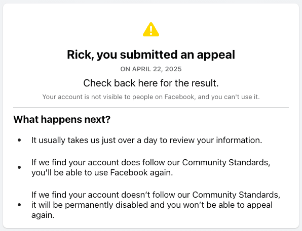 Submitting an appeal on my Facebook account